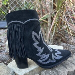 Dingo Wild Sage Fringe Snip Toe Zippered Cowboy Booties Womens Black Boot BOHO